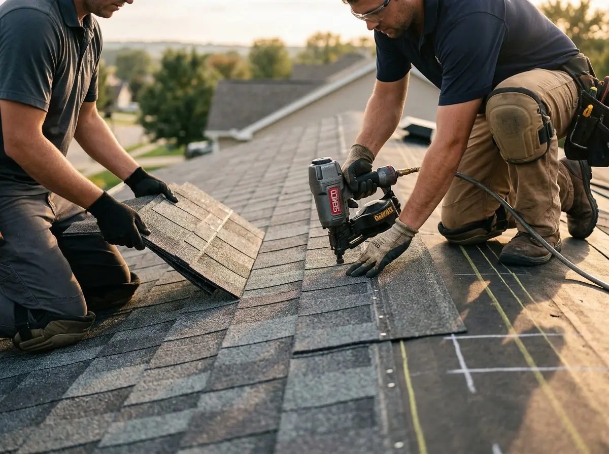 Professional roofer working on a residential roof in San Marino